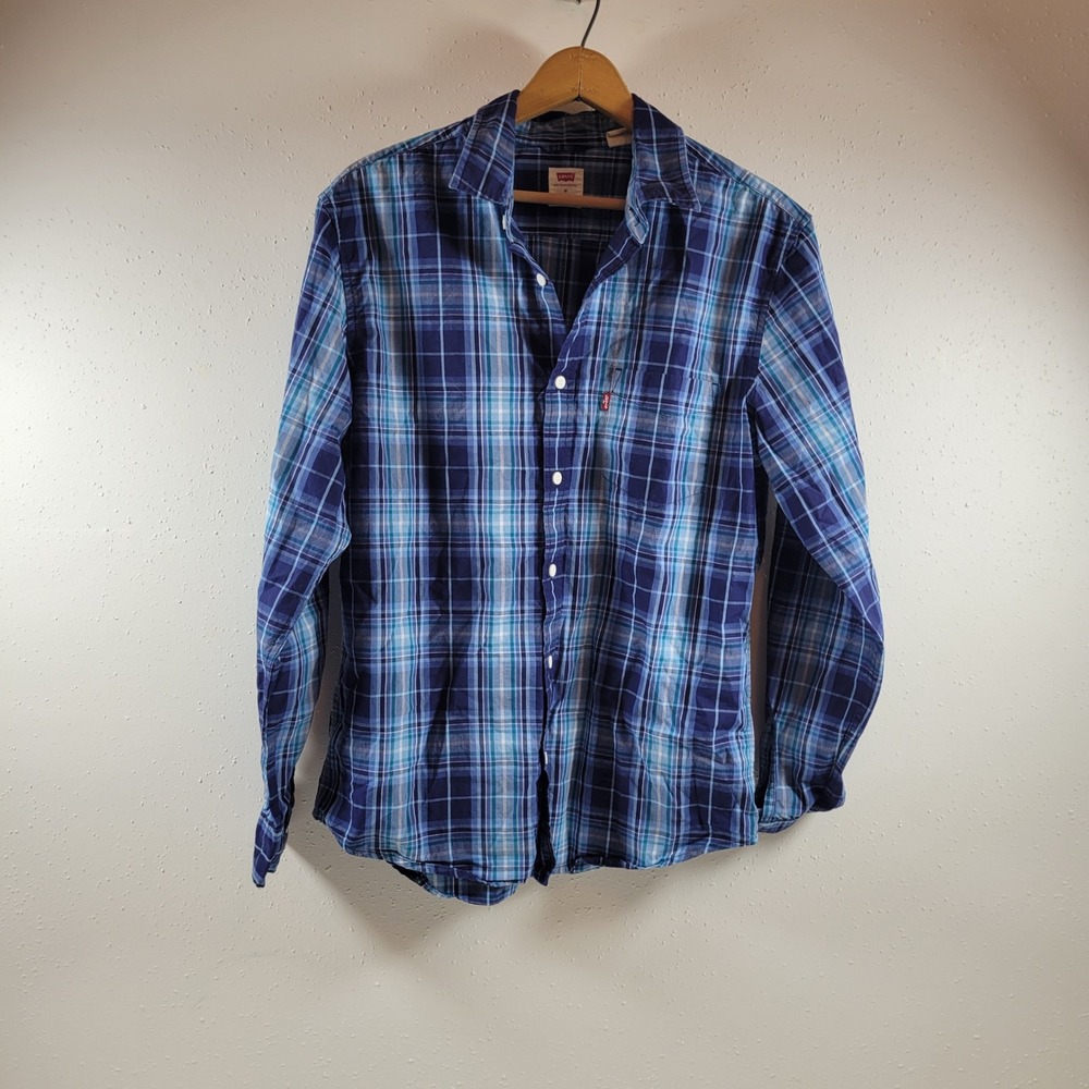 Levi's Button Down Shirt Mens Size M Blue Excellent Plaid Long Sleeve 85748-0201